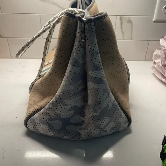 Brown and Gray Perforated Tote Bag with Pouch - Picture 7 of 9